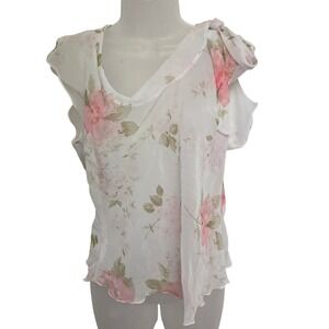 Y2K Vintage 90s La Belle Women Sheer Floral Top Flutter Sleeve Drape Neck